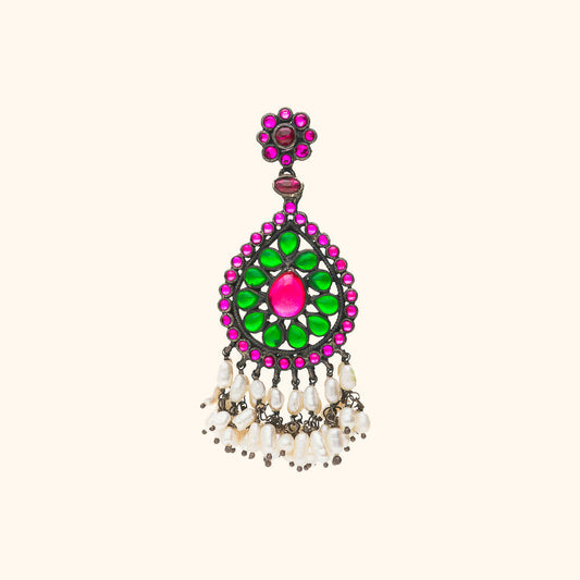 Brilliant Pink And Green Stone Combination And Hanging Pearls Earrings
