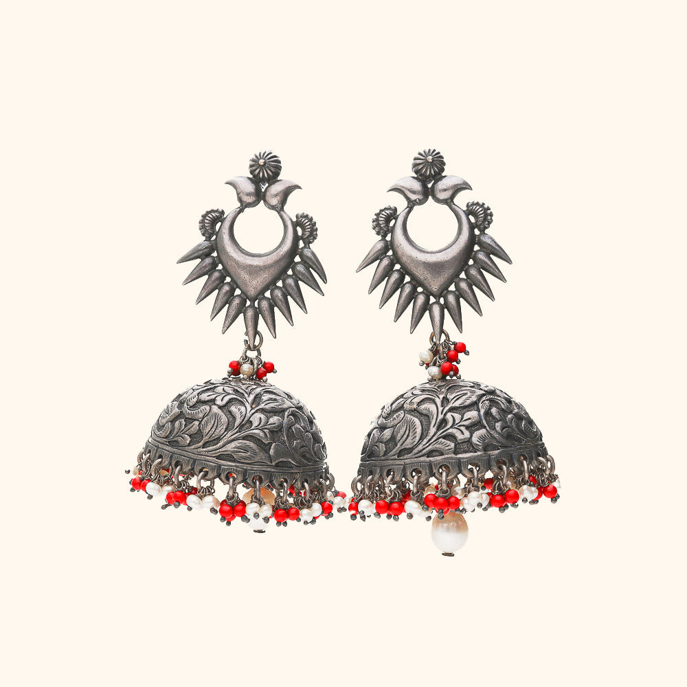 Timeless Treasures Oxidised Luxurious Earrings With Orange Stones And Pearls