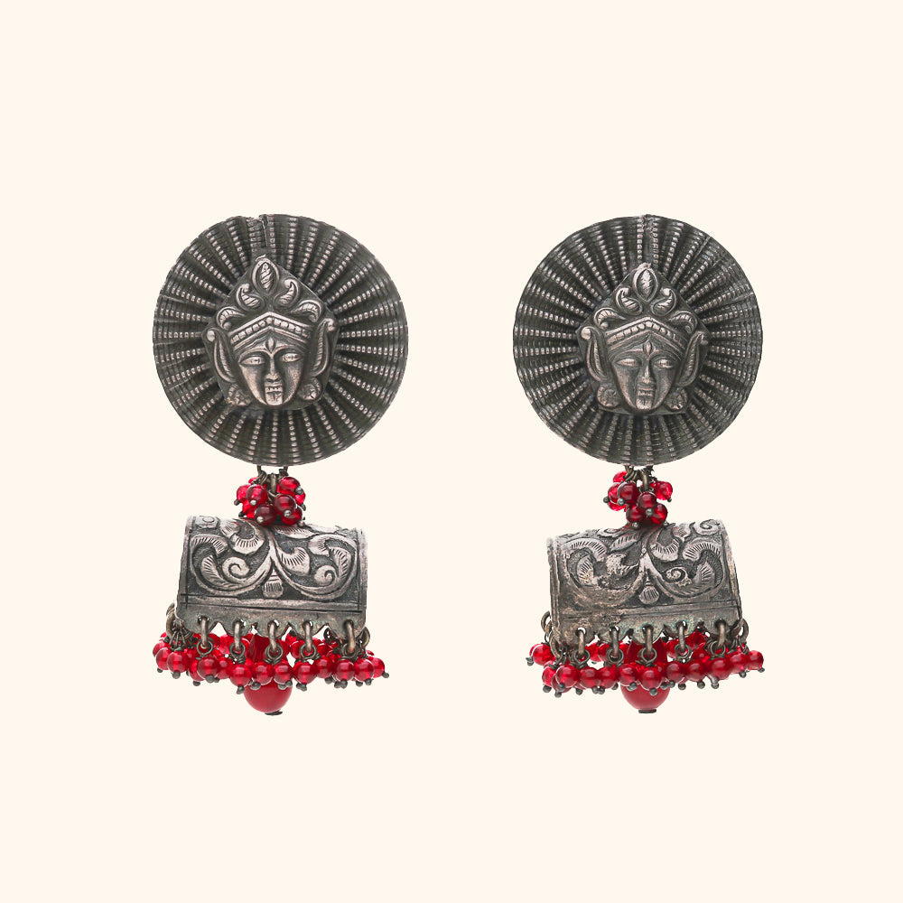 Jhumkas With Mahalaxmi Face And Dangling Red Beads