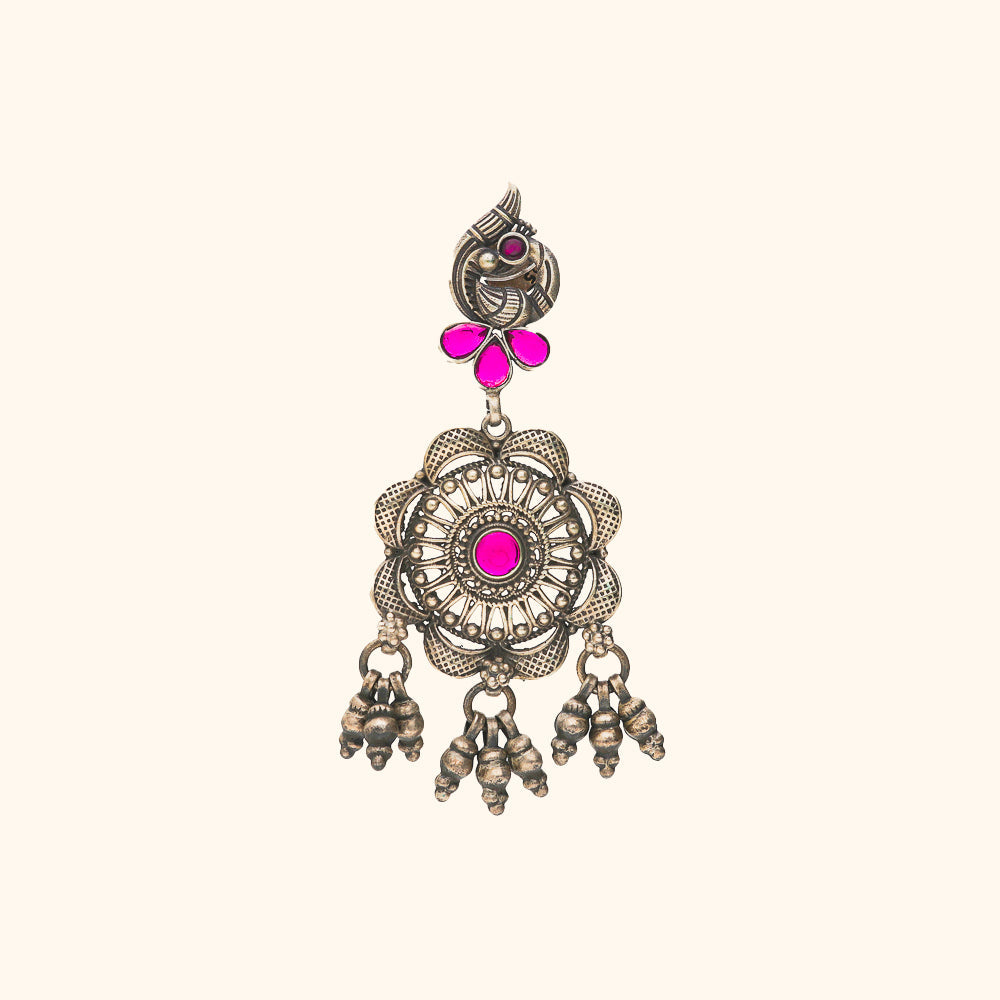 Oxidised Peacock Nakshi Earrings With Pink Stone