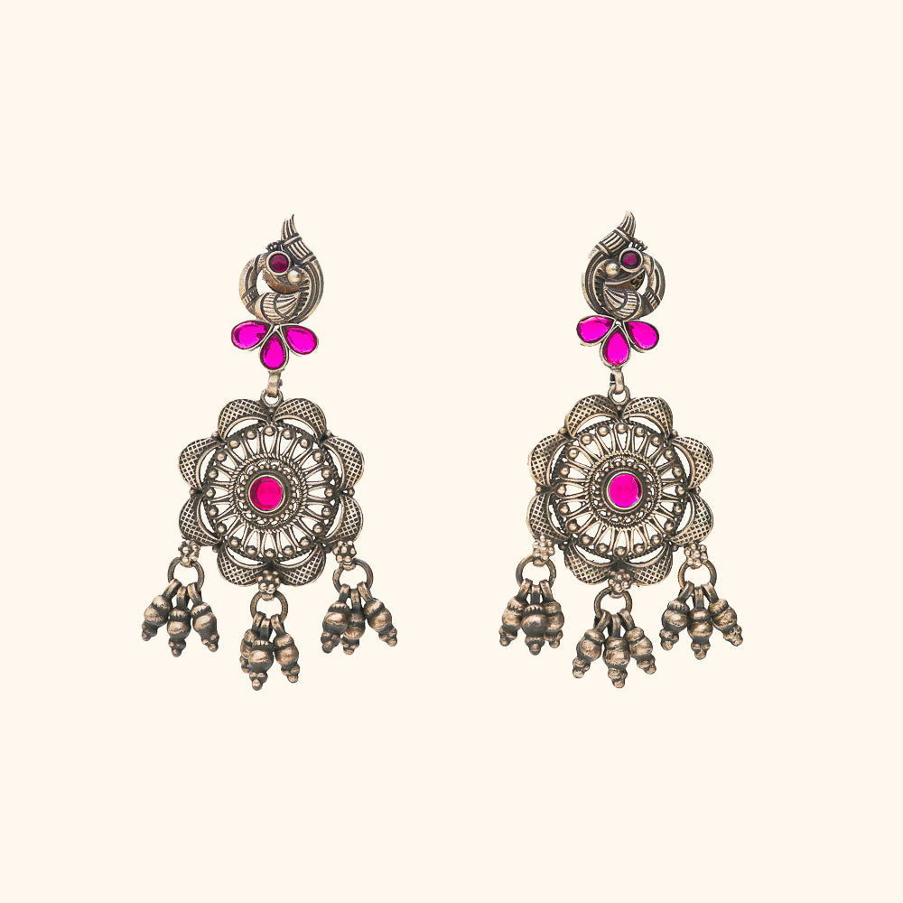 Oxidised Peacock Nakshi Earrings With Pink Stone