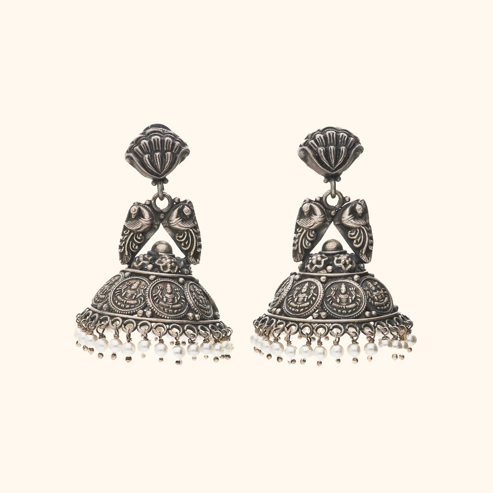 Oxidised Traditional Peacock And Laxmi Coin Jhumkas With Dangling Pearl