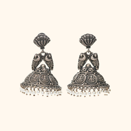 Oxidised Traditional Peacock And Laxmi Coin Jhumkas With Dangling Pearl