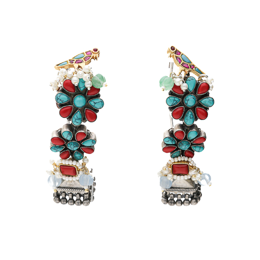 Shea- Colourful Kundan Stone Silver Earrings