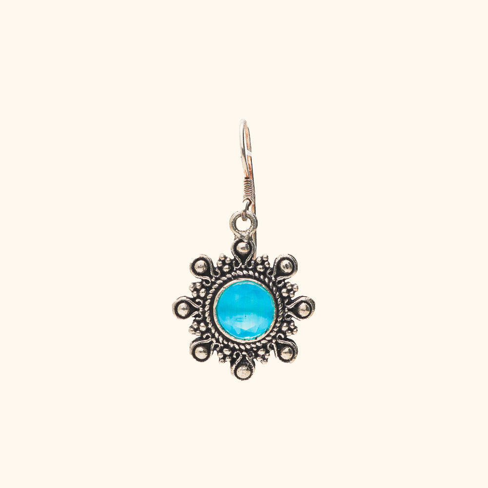 Oxidised Flower Shaped Earrings With Blue Stone