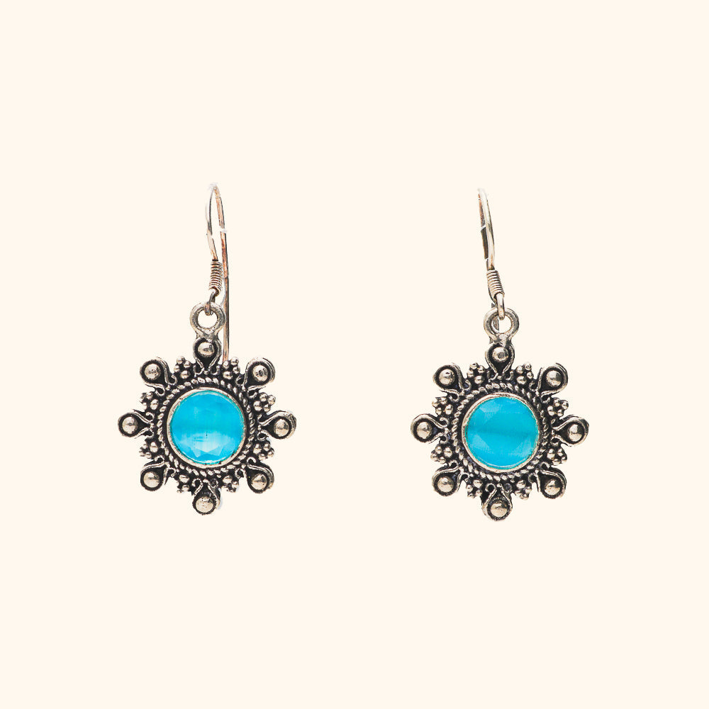 Oxidised Flower Shaped Earrings With Blue Stone