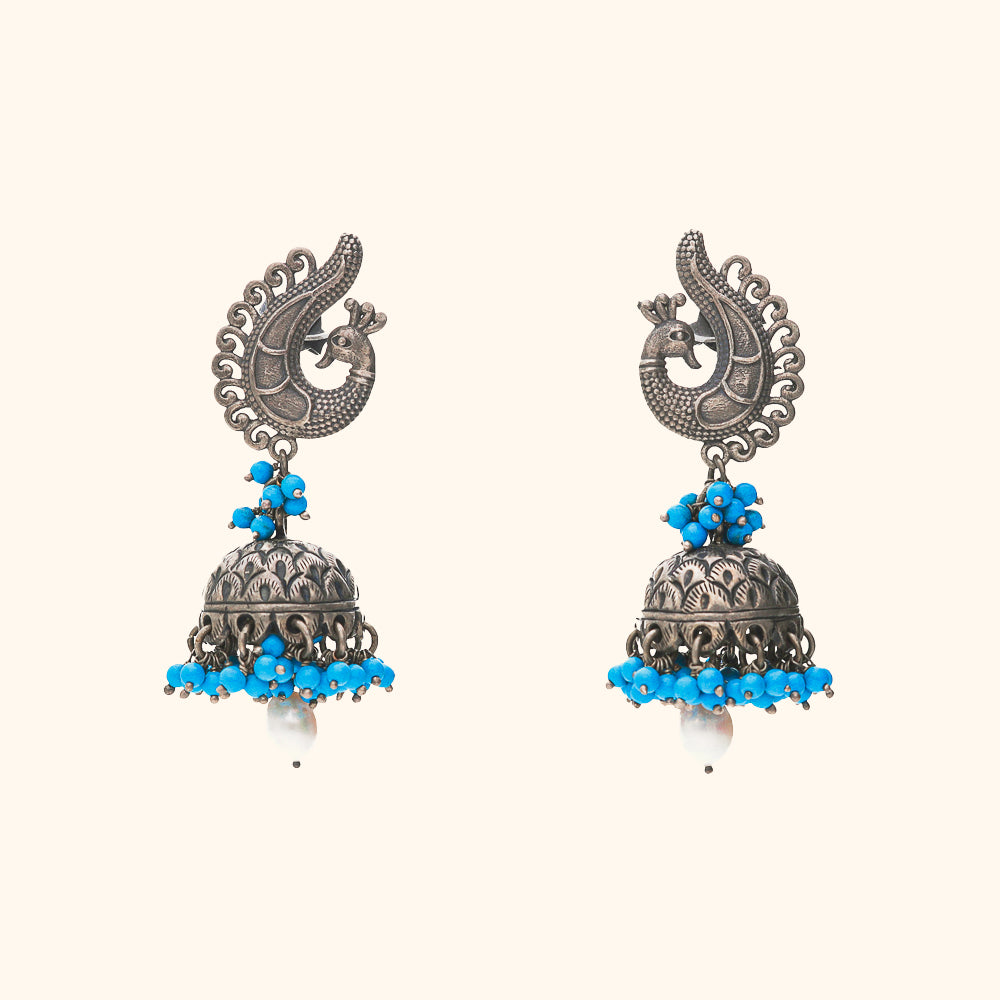 Oxidised Peacock Jhumkas With Blue Beads Earrings